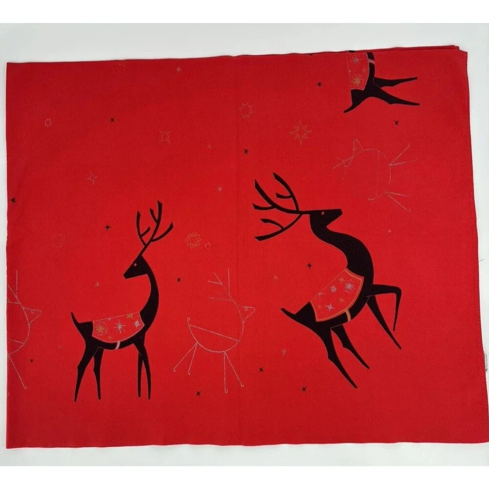 California Hand Prints 50/60s Red Christmas Tablecloth Atomic Reindeer 52x64 MCM